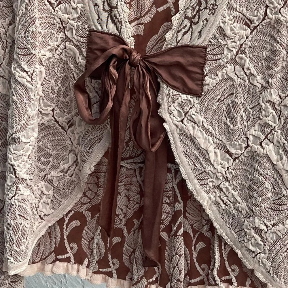 Nic + Zoe Vintage Cardigan Tie Front Small Brown Cream Bow Tie - Picture 5 of 5